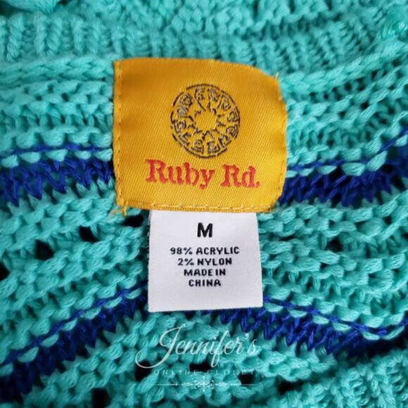 3/$25 Ruby Rd. Women's Turquoise and Royal Blue Chevron Fringe Sweater Medium - Picture 7 of 10